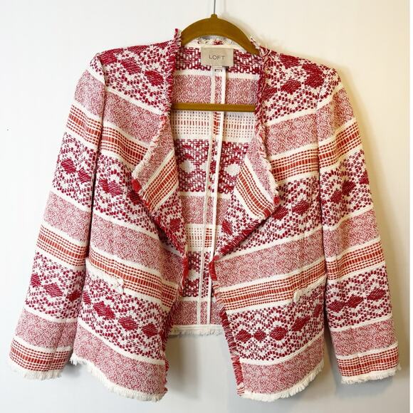 Loft Womens Fringe Tweed Open Front Blazer Jacket Red White Patterned 2 - Picture 1 of 8